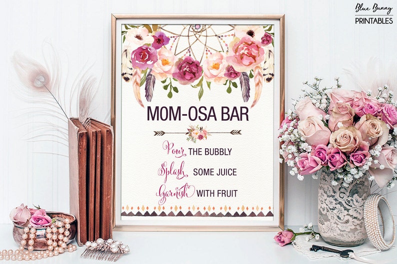 Printable MOMOSA BAR. Bohemian Baby Shower Mimosa Bar Sign. Boho Floral Baby Shower Decoration. Dream Catcher Decor. Rustic Feathers FLO13 image 1