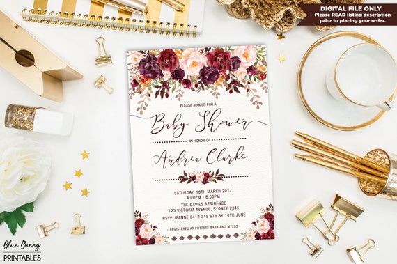 Rustic Floral Baby Shower Invitation. Garden Boho Flower Invite. Burgundy Pink Roses Autumn Fall Baby Invitation. Kitchen Tea Party. FLO19 Il_570xn
