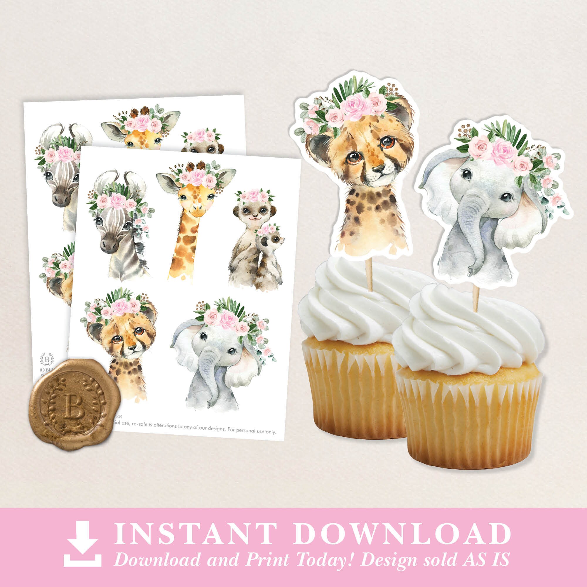 Girl Jungle Cake Toppers, Pink Floral Safari Animals Baby Shower, Wild ...