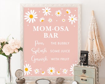 Momosa Bar Sign Boho Daisy Baby Shower Retro Pink Daisy Flower Mimosa Bar Table Sign Drinks Printable Party Decoration  INSTANT DOWNLOAD DA1
