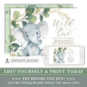 Greenery Elephant Wild One 1st Birthday INVITATION TEMPLATE. Tropical Jungle Printable Party Invite. Elephant Green Gold Download. GR1 image 3