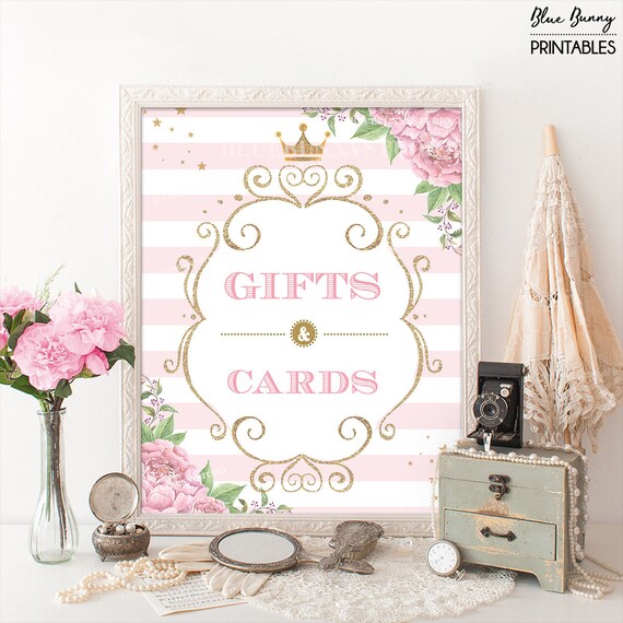 Princess Gifts & Cards Sign. Pink Gold Glitter Royal Crown Floral Baby Shower First 1st Birthday Decoration. Cards Gifts Table Sign. PG1 Il_570xn