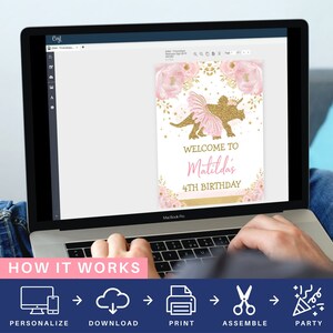 May include: A printable sign for a 4th birthday party featuring a gold glitter dinosaur wearing a pink tutu. The sign has pink flowers and gold stars on a white background. The text on the sign reads "Welcome to Matilda's 4th Birthday".