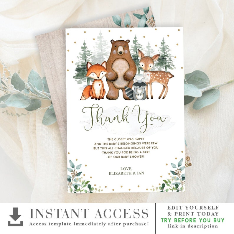 Forest Woodland Thank You Card Printable. Greenery Pine Trees - Etsy