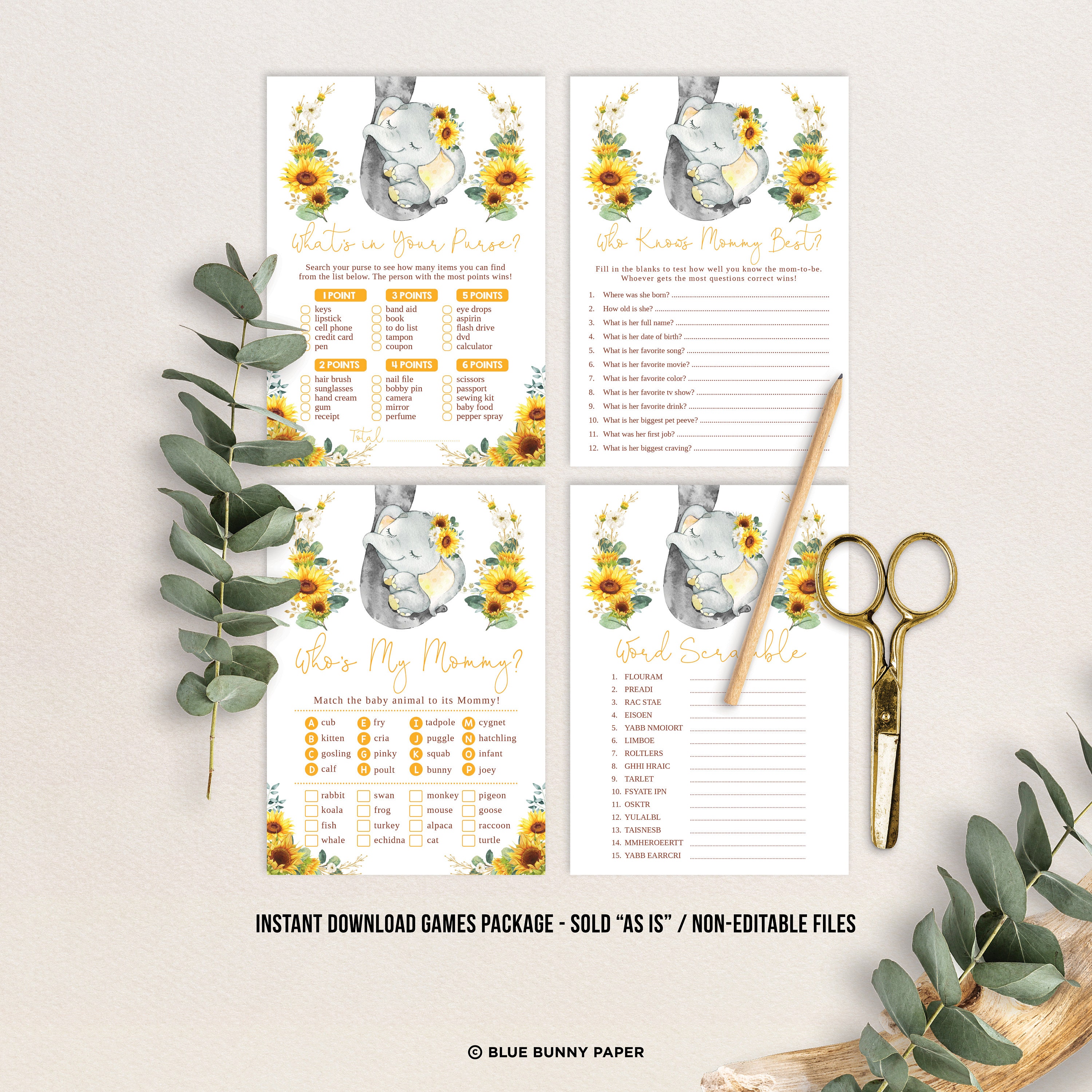 Sunflower Elephant Baby Shower GAMES BUNDLE. 8x Summer Yellow - Etsy