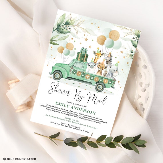 Editable Baby Shower By Mail Invitaton Greenery Gold Jungle Safari Animals Invite Template Virtual Quarantine Baby Shower Printable, DB5 Il_570xn