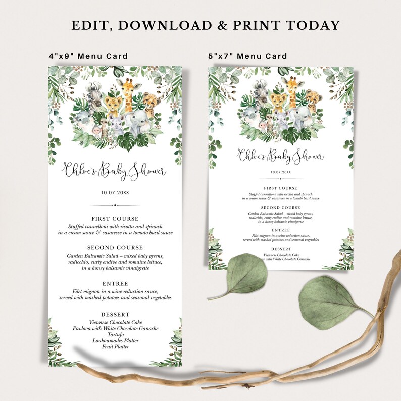 EDITABLE Safari Menu Template Jungle Animals Printable Menu Etsy