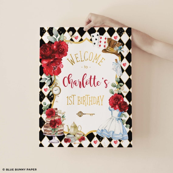 EDITABLE Alice in Wonderland Welcome Sign, Mad Hatter Onederland