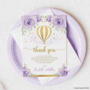 EDITABLE Globo aerostático de lavanda Tarjeta de agradecimiento Púrpura Lila Oro Floral Aventura Baby Shower Imprimible 1er Cumpleaños Favores Descargar, HAB6