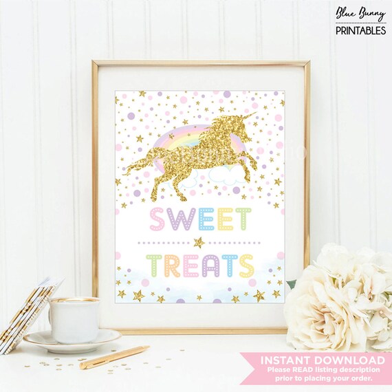 Sweet Treats Sign. Unicorn Candy Bar Table Sign. Confetti Pink Gold Glitter Baby Shower Birthday Party Decoration. Rainbow Candy Buffet UNI4 Il_570xn