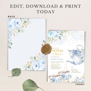 May include: A blue and gold bridal shower invitation with a watercolor floral design. The invitation features a teapot, teacups, and the text "Bridal Tea" and "Sarah Cooper".