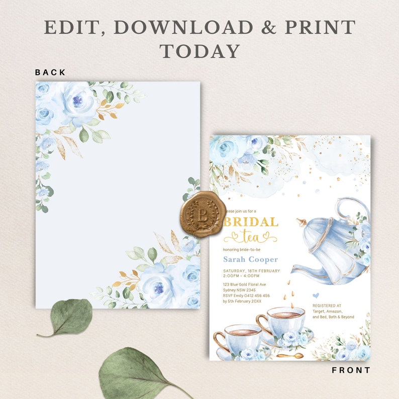 May include: A blue and gold bridal shower invitation with a watercolor floral design. The invitation features a teapot, teacups, and the text "Bridal Tea" and "Sarah Cooper".