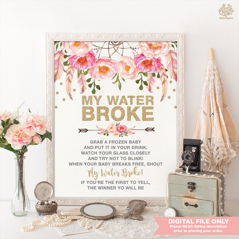 My Water Broke Printable Sign. Pink Floral Baby Shower Game. | Etsy