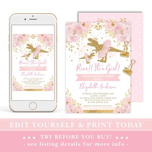 Girl Dinosaur Baby Shower Invitation Template, T-Rex Tutus and Tiaras, Pink Gold Flower Dinosaur Theme Party Invite, EDITABLE DOWNLOAD, DIN4 image 3