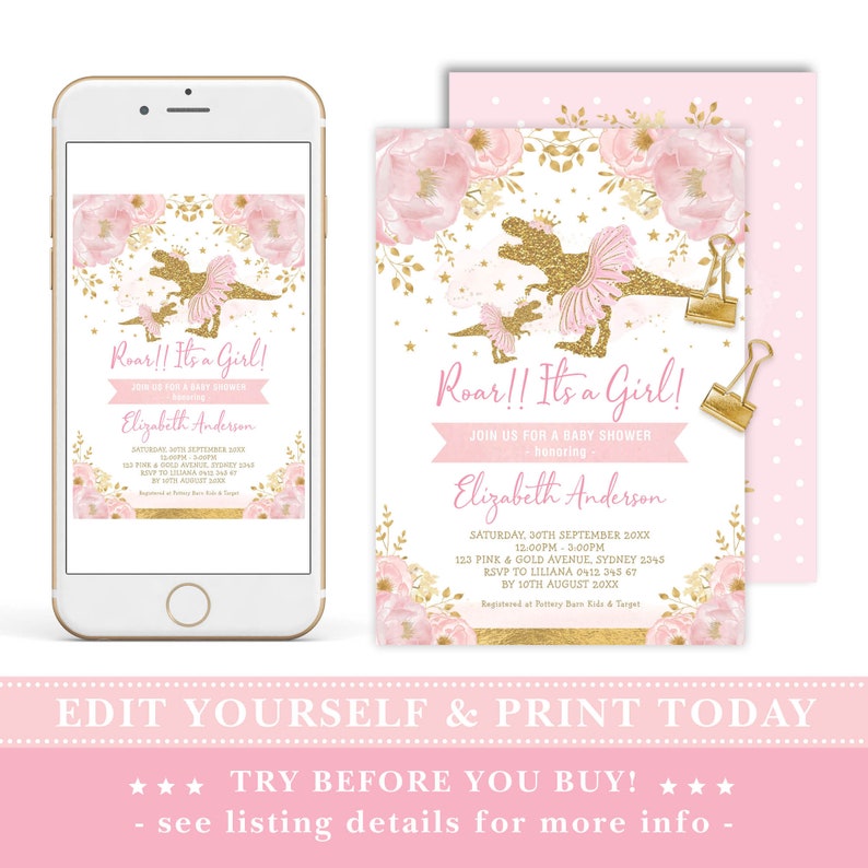 Girl Dinosaur Baby Shower Invitation Template, T-Rex Tutus and Tiaras, Pink Gold Flower Dinosaur Theme Party Invite, EDITABLE DOWNLOAD, DIN4 image 3