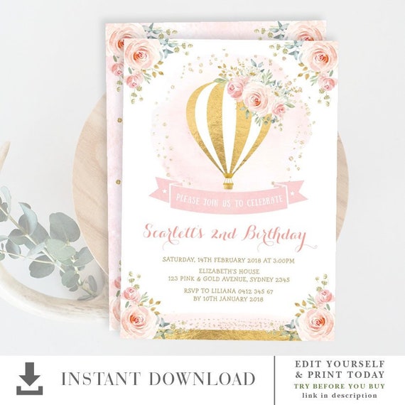 Feminine Hot Air Balloon Birthday EDITABLE Invitation. Adventure Watercolor Blush Pink Floral Rose Party Invite Printable Download. HAB5 Il_570xn