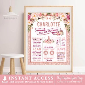 May include: A pink and gold printable first birthday sign with a unicorn illustration. The sign includes details about the child, such as their name, date of birth, favorite foods, and things they can do. The sign is decorated with floral elements.