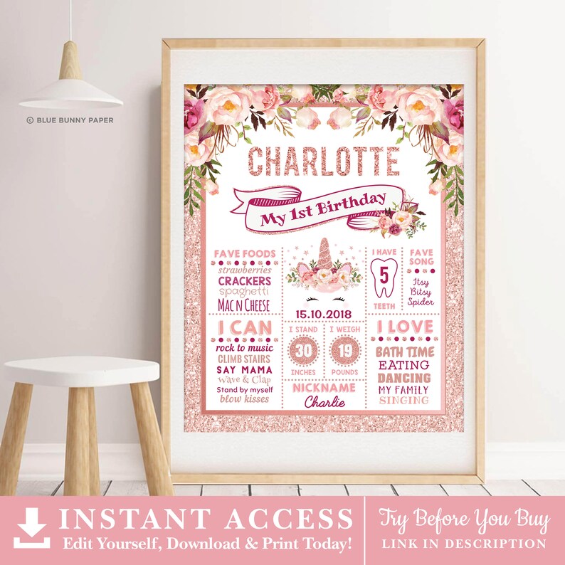 May include: A pink and gold printable first birthday sign with a unicorn illustration. The sign includes details about the child, such as their name, date of birth, favorite foods, and things they can do. The sign is decorated with floral elements.