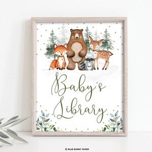 Signo de la biblioteca del bebé, baby shower del bosque imprimible, libros de animales del bosque para la decoración de la mesa del bebé, descarga instantánea de un cumpleaños salvaje, WOOD14