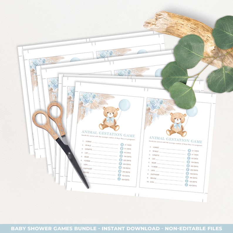 Teddy Bear Baby Shower Games Bundle, Dusty Blue Boho Bear Printable ...