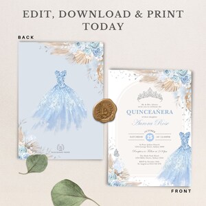 May include: A blue and white Quincea&ntilde;era invitation with a watercolor illustration of a dress, flowers, and a crown. The text reads "Mr. & Mrs. Alvarez invite you to celebrate the Quincea&ntilde;era of their daughter Aurora Rose. Saturday, October 25 at 12:00 PM. St. Peter Julian Church, 1234 George Street, Sidney 2000. Reception to follow at 2:00 PM. The Hyde Park Hotel, 1234 Miller Street, Sidney 2343. RSVP by October 18th. To Angela at 0412 345 678."