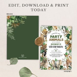 Editable Party Animals Birthday Invitation Safari Jungle Animals Birthday Boy Tropical Leaves Elephant Tiger Leopard Print Download, SAF4 image 5