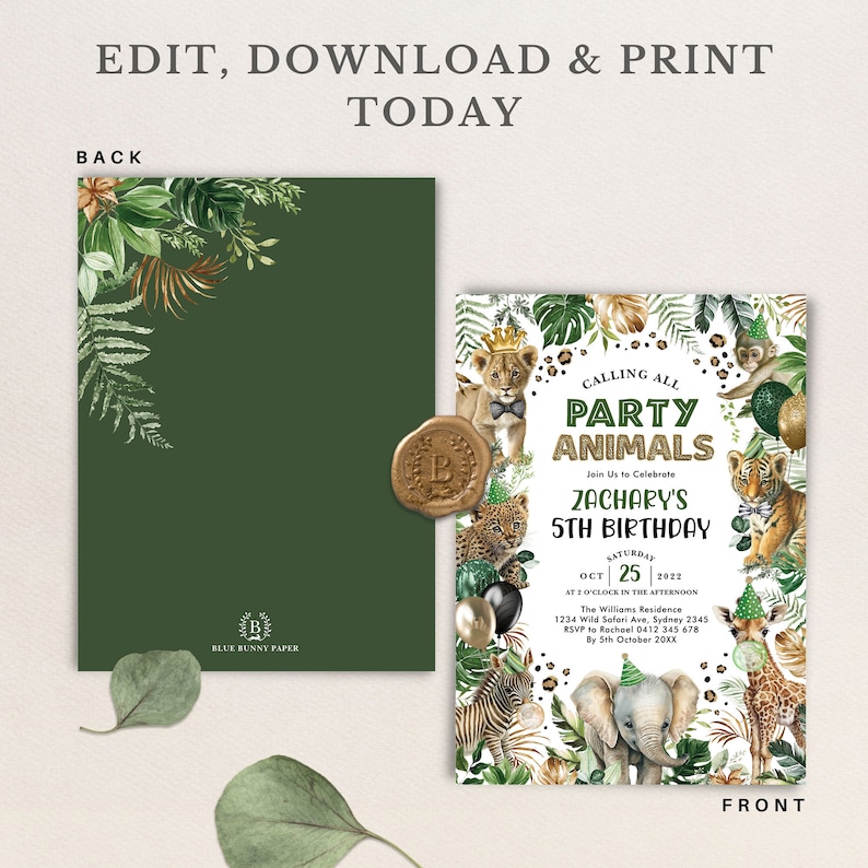 Editable Party Animals Birthday Invitation Safari Jungle Animals Birthday Boy Tropical Leaves Elephant Tiger Leopard Print Download, SAF4 image 5