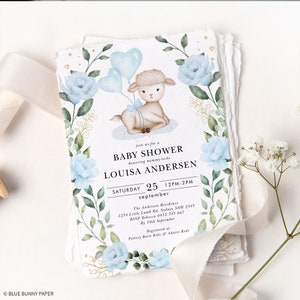May include: A baby shower invitation with a watercolor illustration of a lamb holding blue balloons. The invitation is for Louisa Andersen and is set for September 25th from 12pm to 2pm. The text "The Andersen Residence" is included, along with an address and RSVP information.