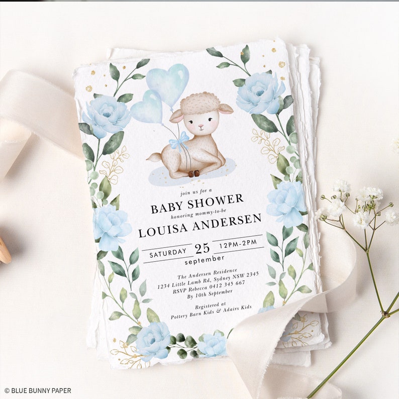 May include: A baby shower invitation with a watercolor illustration of a lamb holding blue balloons. The invitation is for Louisa Andersen and is set for September 25th from 12pm to 2pm. The text "The Andersen Residence" is included, along with an address and RSVP information.