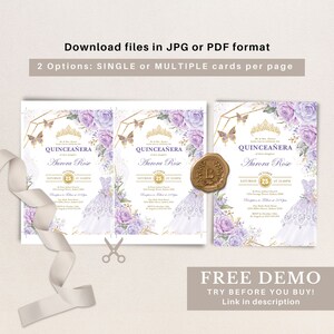 Pode incluir: Convite de Quincea&ntilde;era roxo e dourado com um design floral e um vestido branco. O texto diz "Quincea&ntilde;era Aurora Rose" e inclui a data e a hora do evento. O convite est&aacute; dispon&iacute;vel em formato JPG ou PDF.