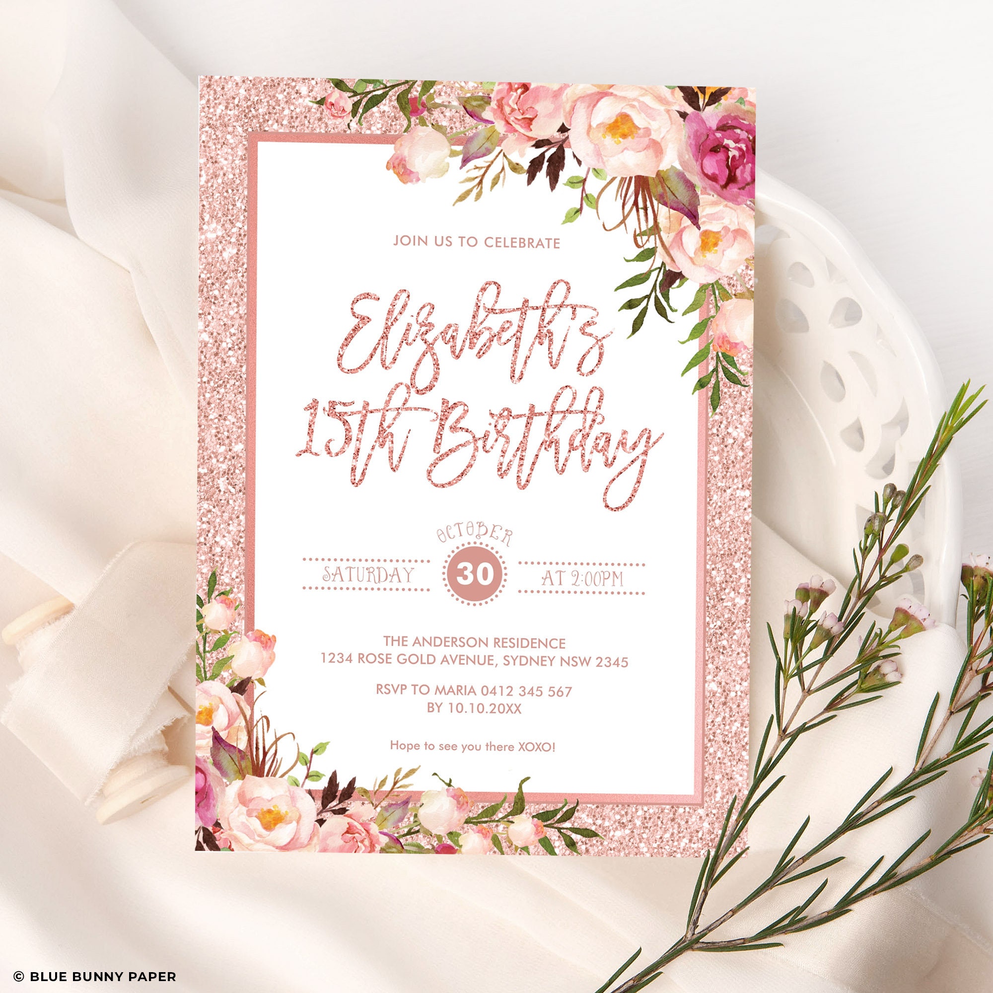 Rose Gold Birthday Invitation Template Blush Floral