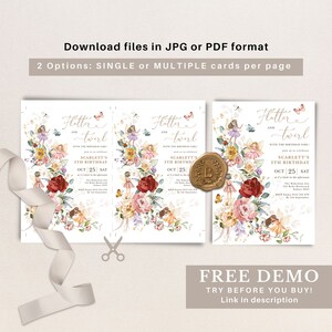 May include: Two printable invitation cards for a girl's 5th birthday party. The cards feature a watercolor illustration of fairies, flowers, and butterflies. The text on the cards reads "Flutter and Twirl" and "Scarlett's 5th Birthday".