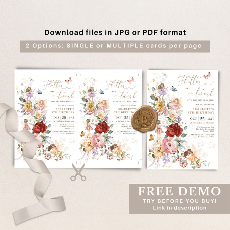 May include: Two printable invitation cards for a girl's 5th birthday party. The cards feature a watercolor illustration of fairies, flowers, and butterflies. The text on the cards reads "Flutter and Twirl" and "Scarlett's 5th Birthday".
