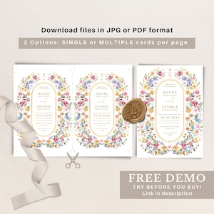 May include: A wedding invitation template with a floral border and a gold oval frame. The text reads "Please join us for the wedding of Maura Rose Williams and George Carter Whitfield, 08.05.2024, Domaine de la Rose".