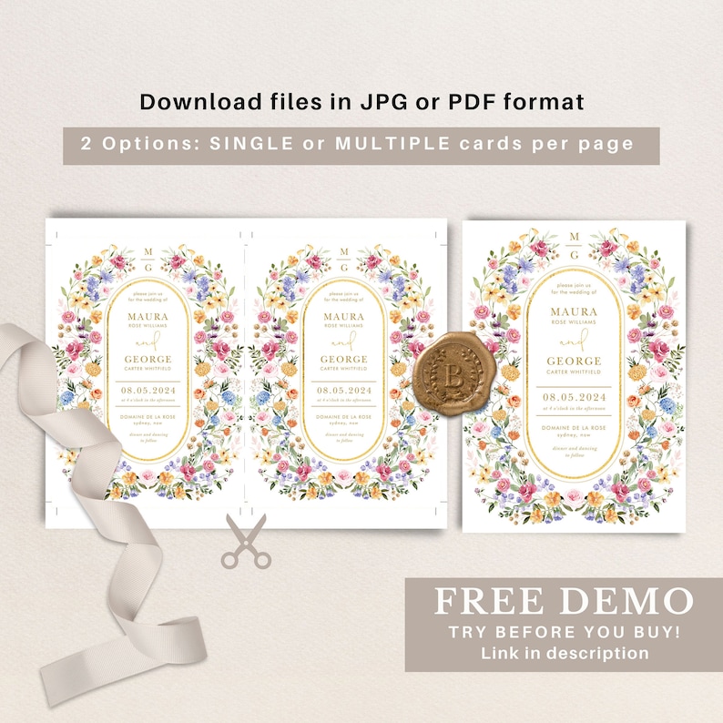 May include: A wedding invitation template with a floral border and a gold oval frame. The text reads "Please join us for the wedding of Maura Rose Williams and George Carter Whitfield, 08.05.2024, Domaine de la Rose".