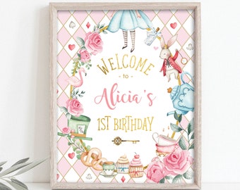 Alice in Wonderland Welcome sign Template, EDITABLE Mad Hatter Party Decor, Alice in Onederland Birthday Decorations, Pink and Gold, AL1