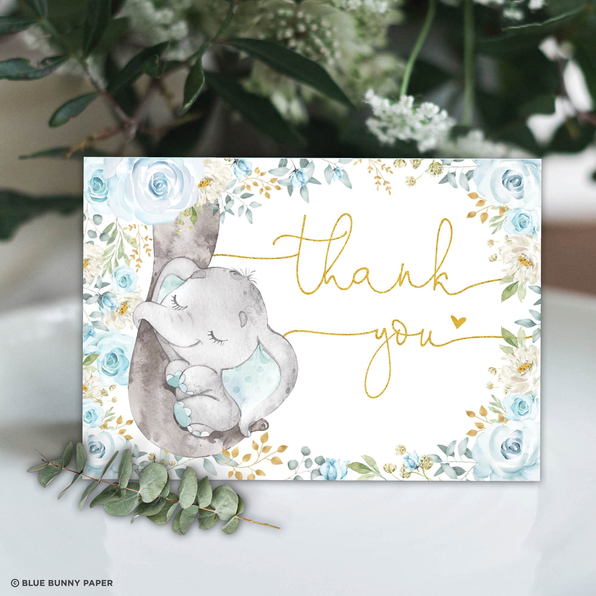 Blue Elephant Baby Shower Thank You Card 5x7in, 4x6in Included EDITABLE, Download Bab62 - Ireland