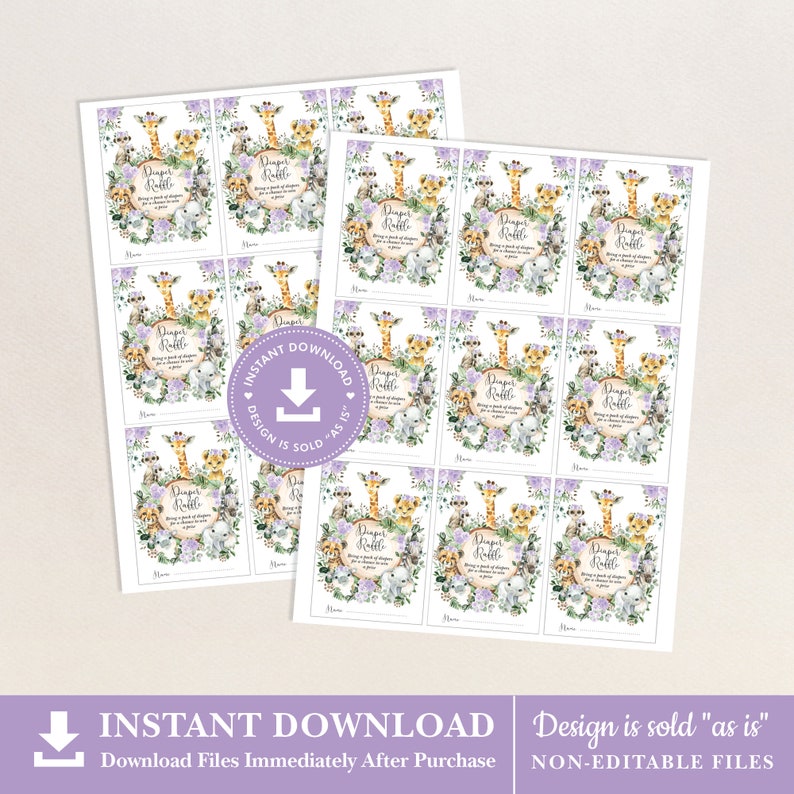 Purple Safari Diaper Raffle Printable Girl Jungle Animals - Etsy