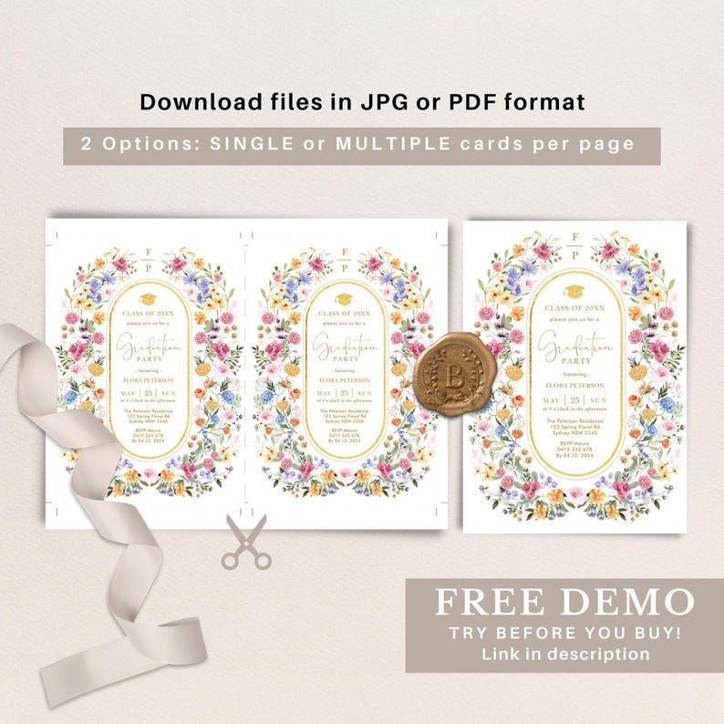 May include: Graduation party invitations with floral border designs. The invitations feature the text "Class of 20XX Graduation Party" and event details. The image also includes the text "Download files in JPG or PDF format" and "Free Demo".
