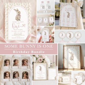May include: A selection of party decorations with a bunny motif. The set includes invitations, banners, cupcake toppers, and a framed sign. The colour scheme is soft pink and cream with floral details. The text "Some Bunny is One" is displayed.