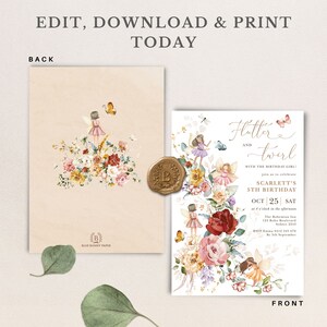 May include: A printable invitation for a 5th birthday party with a whimsical fairy theme. The invitation features a watercolor illustration of fairies, butterflies, and flowers. The text reads "Flutter and Twirl" with the birthday girl's name and party details.