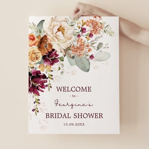 Rustic Boho Floral Bridal Shower Welcome Sign Burgundy Terracotta Flower Wedding Decoration Fall Printable Download EDITABLE TEMPLATE FLO4