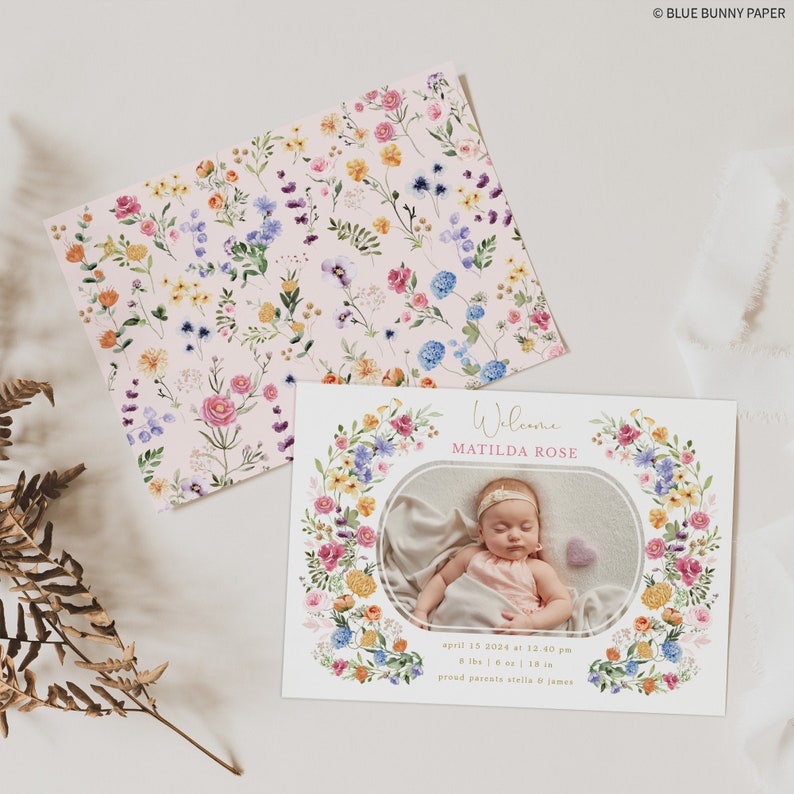 Colorful Wildflower Birth Announcement Spring Floral Garden Photo Card EDITABLE TEMPLATE Newborn Baby Girl Instant Download FLO2 image 4