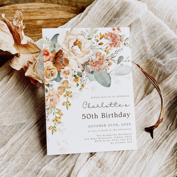 50th Birthday Invitation Floral Boho Fall Theme for Women Earthy Terracotta Flowers Colors Invite Corjl Template Printable JPEG PDF FLO5