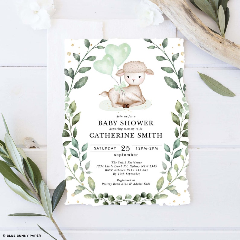 Lamb Baby Shower Invitation, Greenery Wreath Gender Neutral Invite, Baby Sheep & Ballons EDITABLE TEMPLATE Printable Download, GR7 image 3