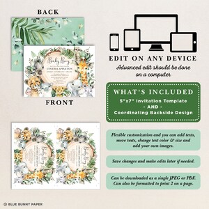 May include: Editable 5x7 inch baby shower invitation template with a jungle theme. The front features a circle with the text "Baby Boy" and a cute illustration of animals. The back features a coordinating design with a jungle theme.