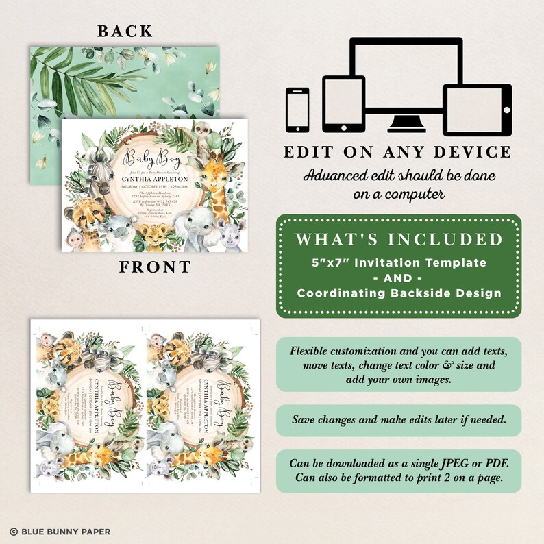 May include: Editable 5x7 inch baby shower invitation template with a jungle theme. The front features a circle with the text "Baby Boy" and a cute illustration of animals. The back features a coordinating design with a jungle theme.