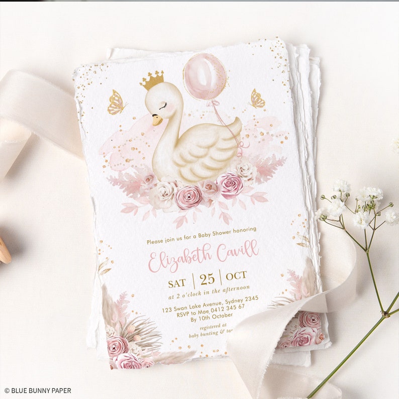 Boho Swan Princess Baby Shower Invitation Template Pink Gold Swan With Balloon Baby Girl Printable EDITABLE Instant Download, SWAN4 image 6