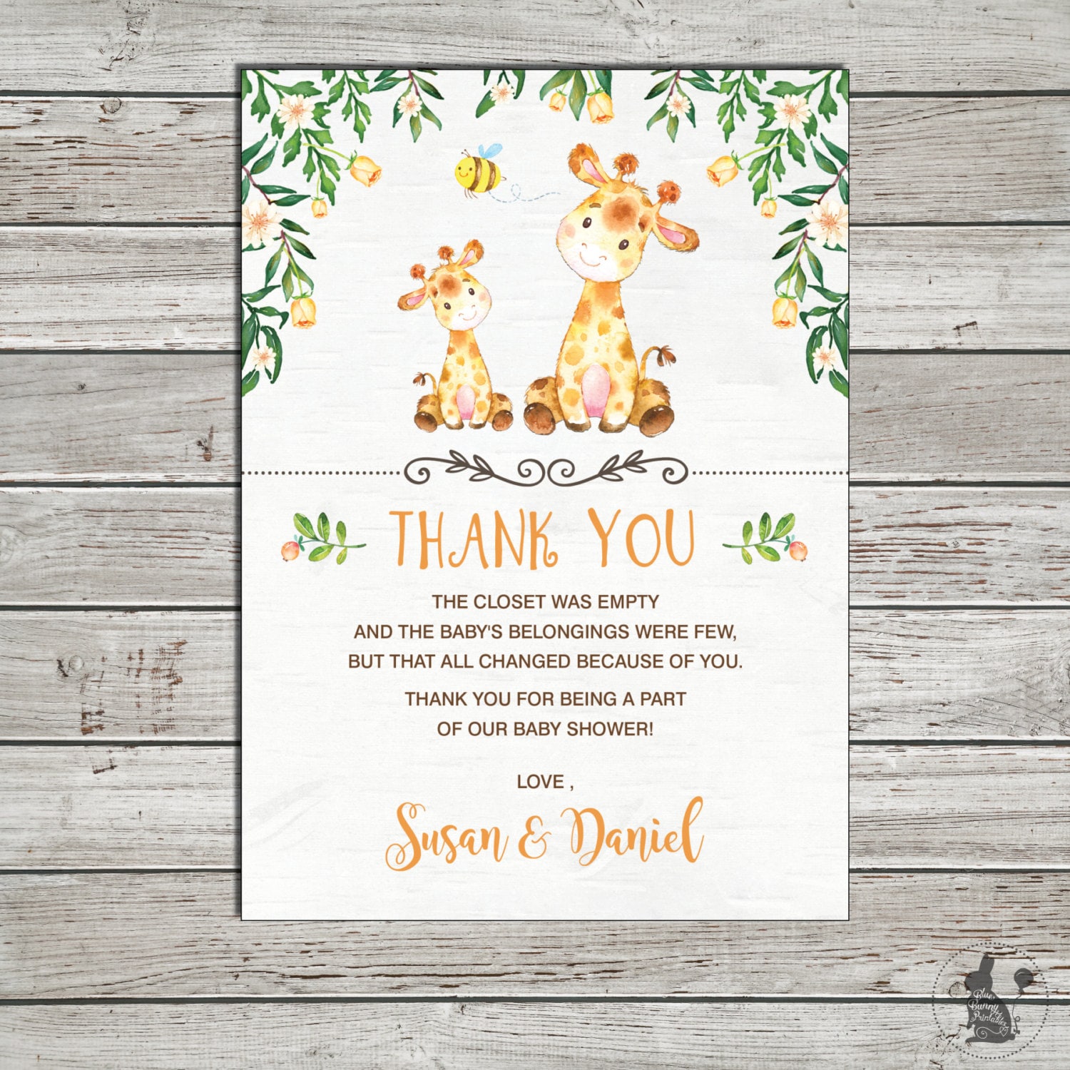 Giraffe Baby Shower Thank You Card. Jungle Baby Printable Etsy