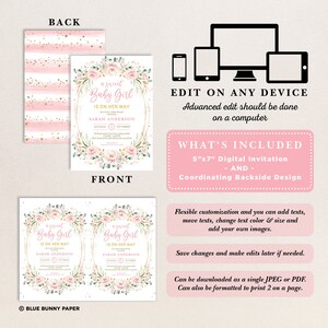 May include: A printable baby shower invitation with a pink and gold floral design. The text reads "A Sweet Baby Girl is on her way".